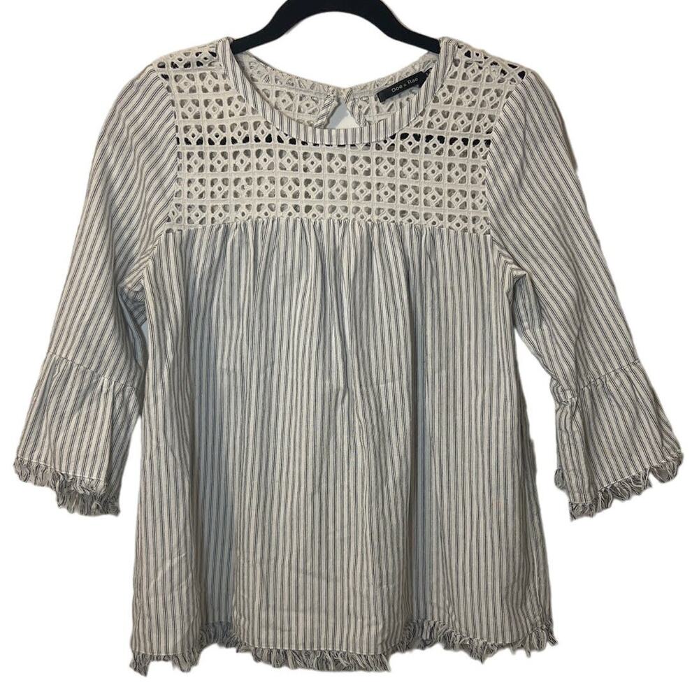 Doe & Rae Striped Crochet Top Bell‎ Sleeve Fringe Women's Size Small